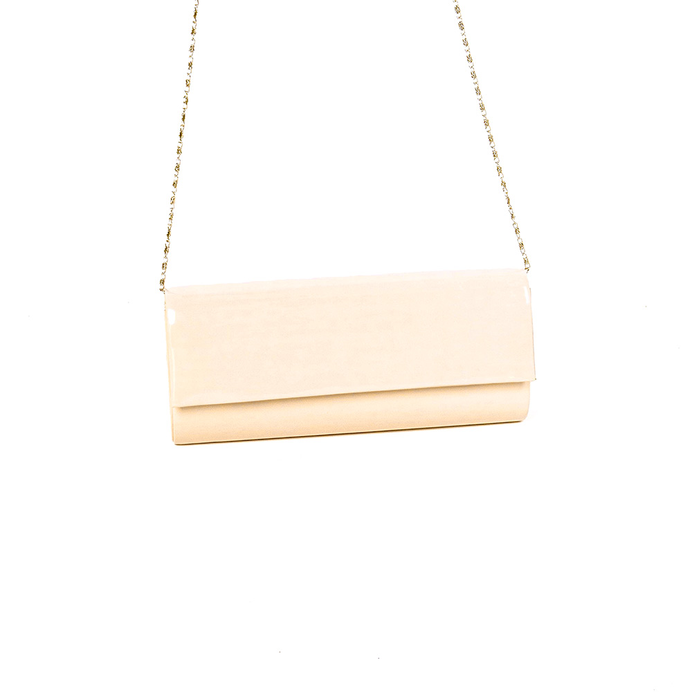 Красива вечерна дамска чанта PAULA VENTI от еко кожа  цвят бежов лак модел LINE с подвижна дълга дръжка тип верижка 
