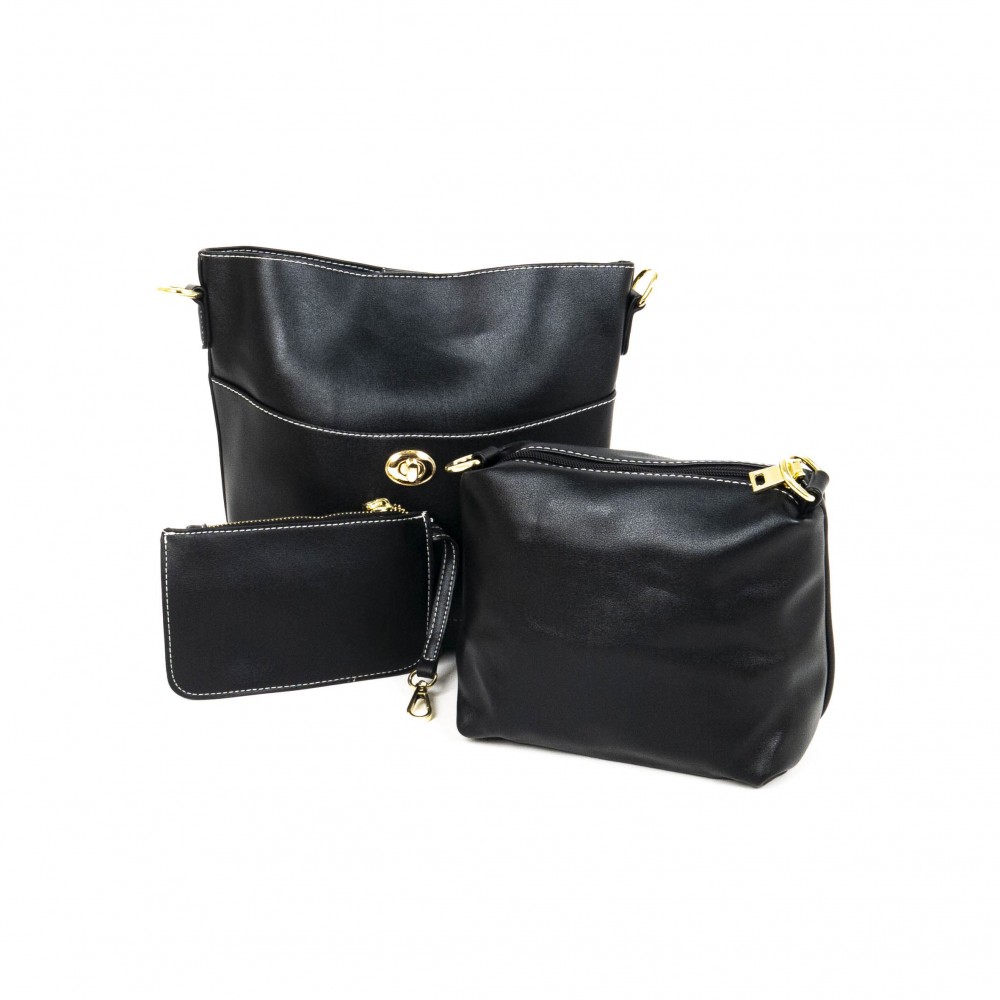 Дамска чанта PAULA VENTI модел 177 от еко кожа черен цвят 3 в 1 чанта-козметичка-несесер