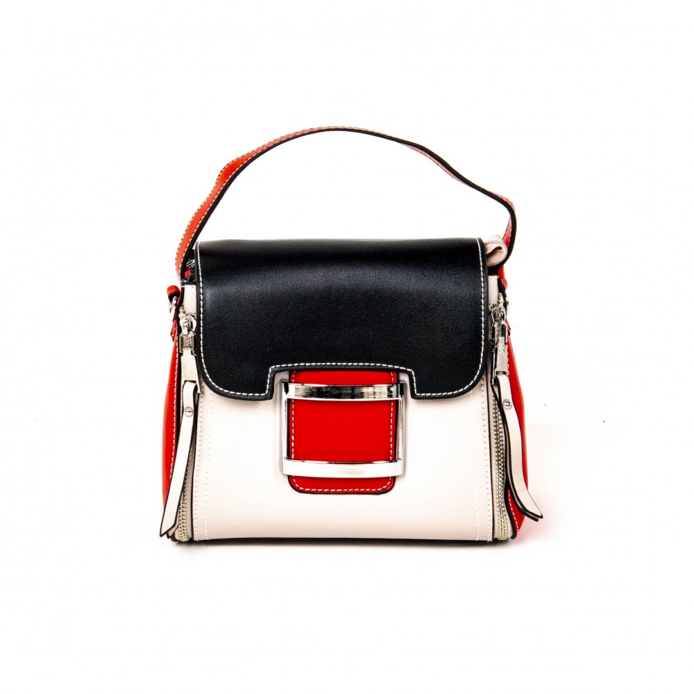 Елегантна дамска чанта PAULA VENTI модел 336 от еко кожа цвят комбинация от черен светло сив червен