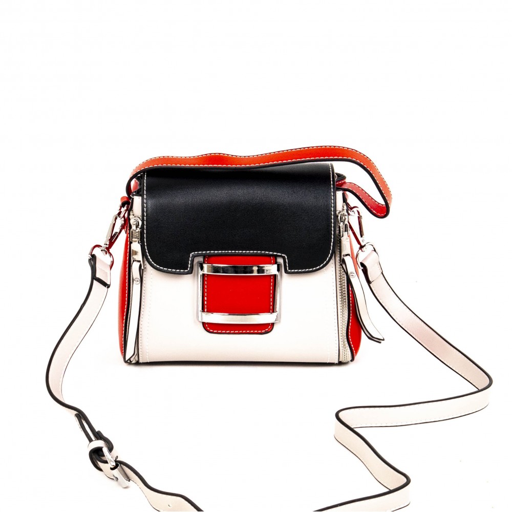 Елегантна дамска чанта PAULA VENTI модел 336 от еко кожа цвят комбинация от черен светло сив червен