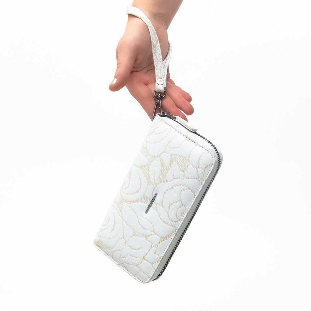 Голямо дамско портмоне с цип ENZO NORI модел GAIA от естествена кожа цвят бял с цветя