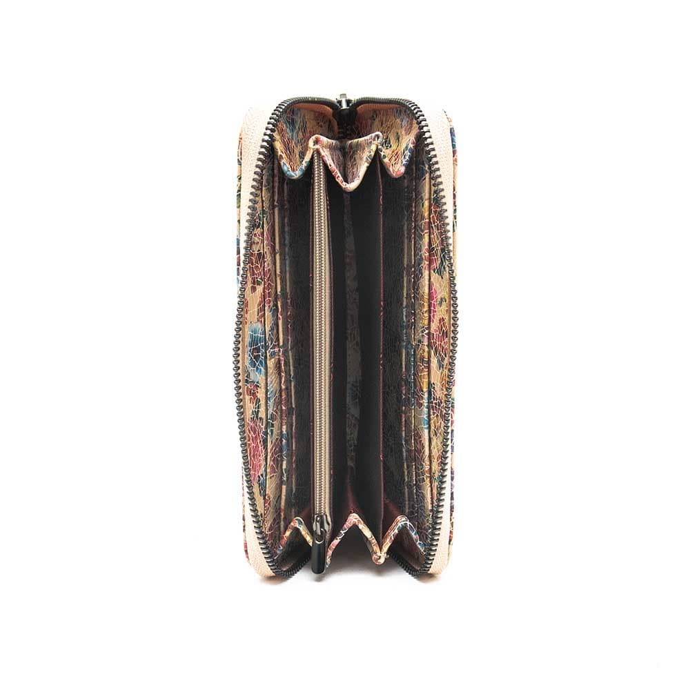 Голямо дамско портмоне с цип ENZO NORI модел GAIA от естествена кожа с дръжка за ръка цвят бежов с цветя лазер