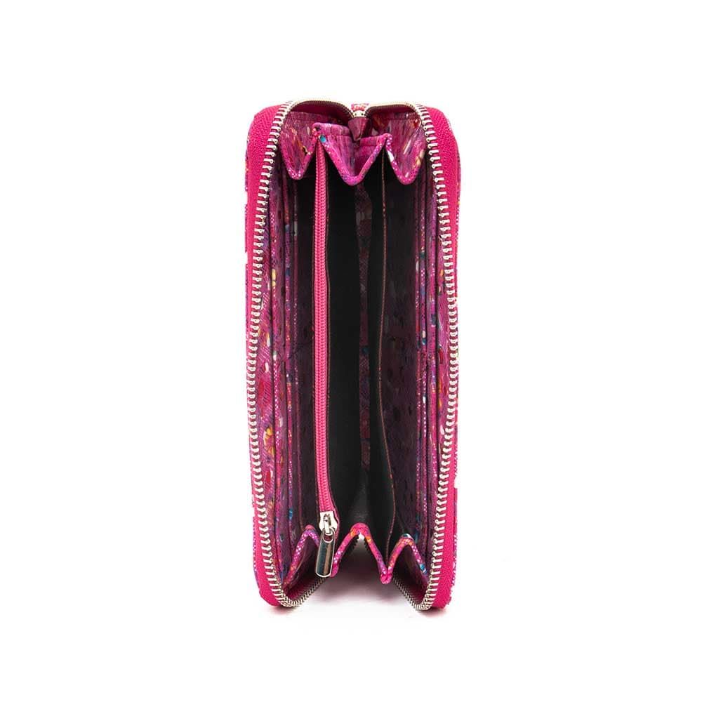 Пъстро дамско портмоне с цип ENZO NORI модел GAIA от естествена кожа с дръжка за ръка цвят розов с рози лазер