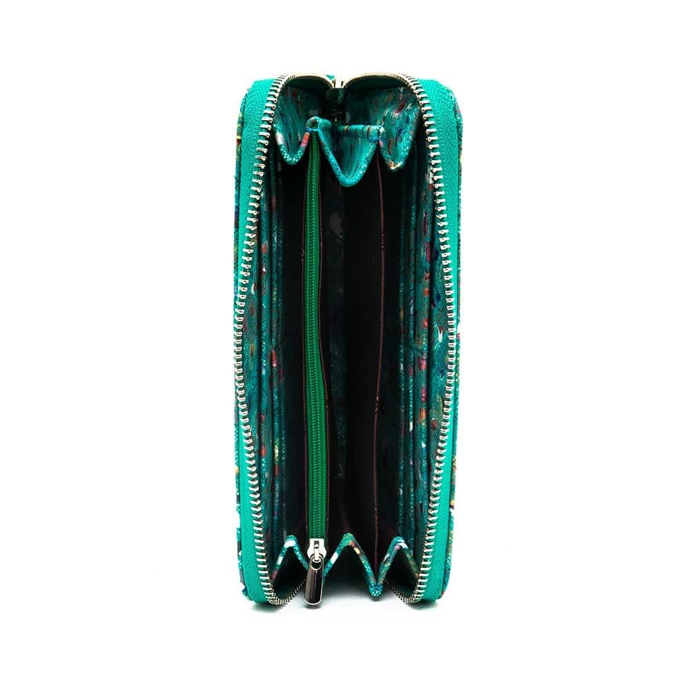 Голямо дамско портмоне с цип ENZO NORI модел GAIA от естествена кожа с дръжка за ръка цвят зелен с рози лазер