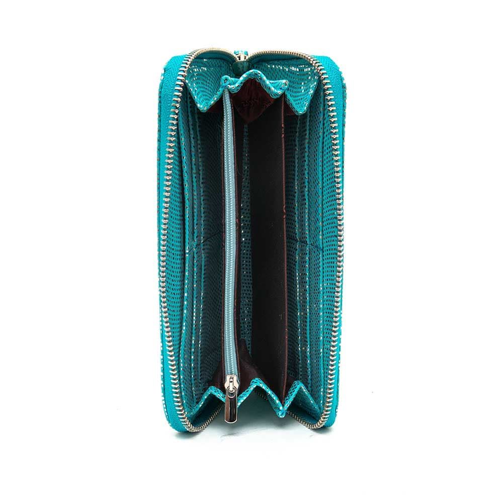 Голямо дамско портмоне с цип ENZO NORI модел GAIA от естествена кожа с дръжка за ръка цвят син искрящ лазер