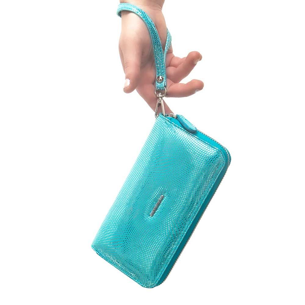 Голямо дамско портмоне с цип ENZO NORI модел GAIA от естествена кожа с дръжка за ръка цвят син искрящ лазер