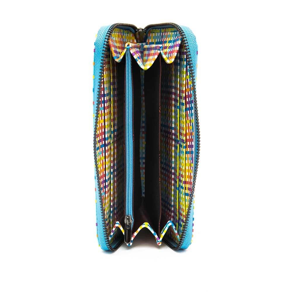 Голямо дамско портмоне с цип ENZO NORI модел GAIA от естествена кожа цвят син с шарени линии лазер