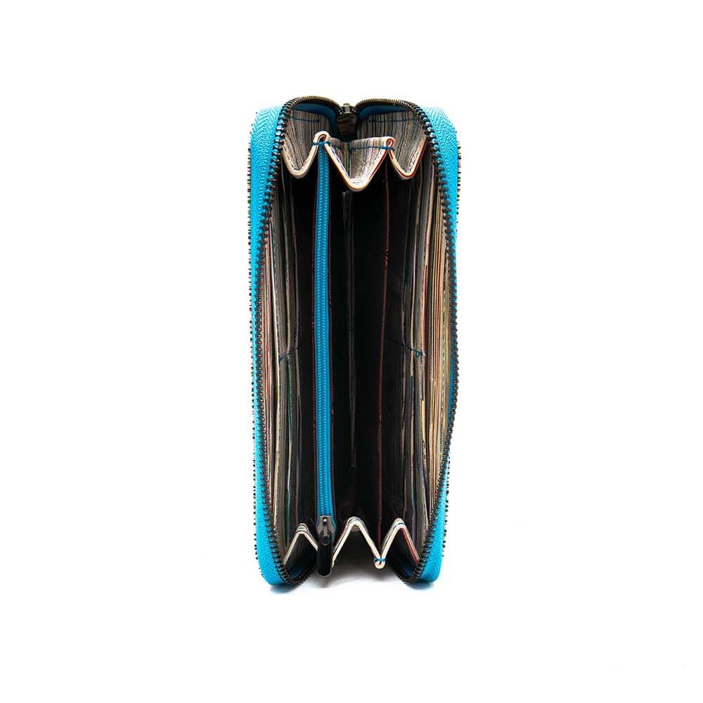 Голямо дамско портмоне с цип ENZO NORI модел GAIA от естествена кожа цвят син с шарени тирета лазер