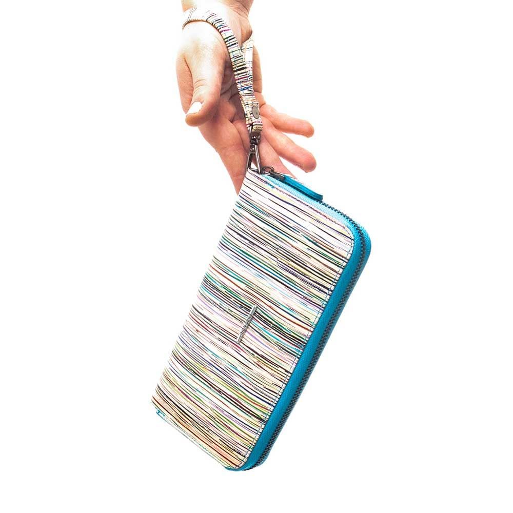 Голямо дамско портмоне с цип ENZO NORI модел GAIA от естествена кожа цвят син с шарени тирета лазер