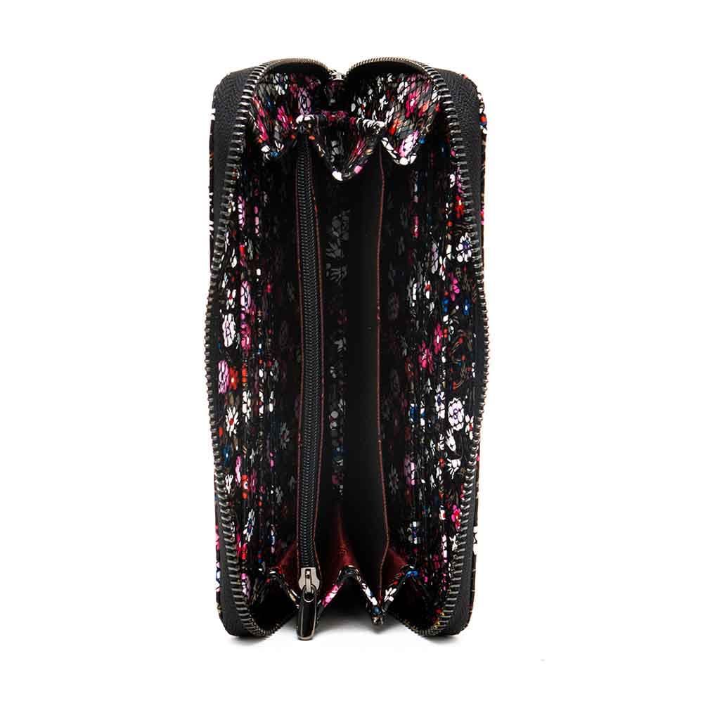 Голямо дамско портмоне с цип ENZO NORI модел GAIA от естествена кожа с дръжка за ръка цвят черен с малки цветя лазер