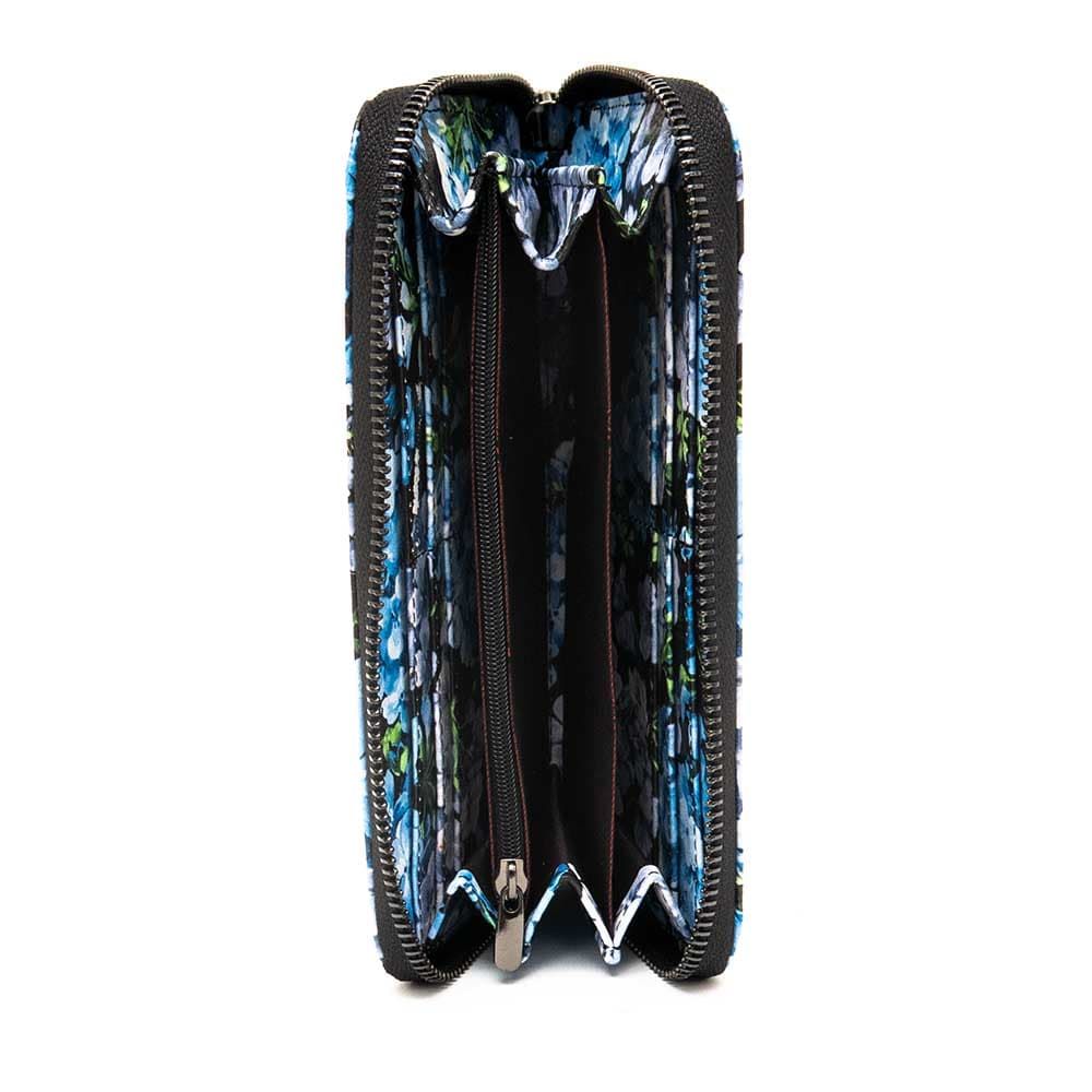 Голямо дамско портмоне с цип ENZO NORI модел GAIA от естествена кожа с дръжка за ръка цвят черен с цветя лазер