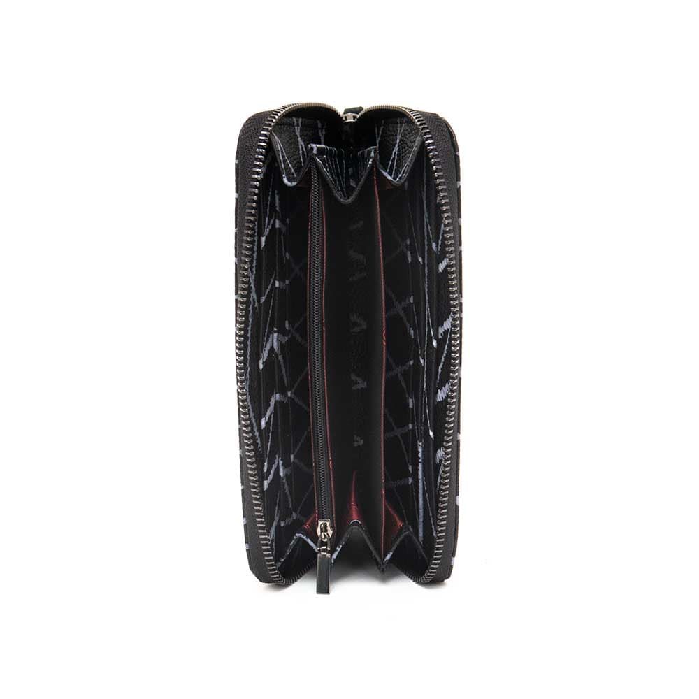 Голямо дамско портмоне с цип ENZO NORI модел GAIA от естествена кожа с дръжка за ръка цвят черен с бели черти