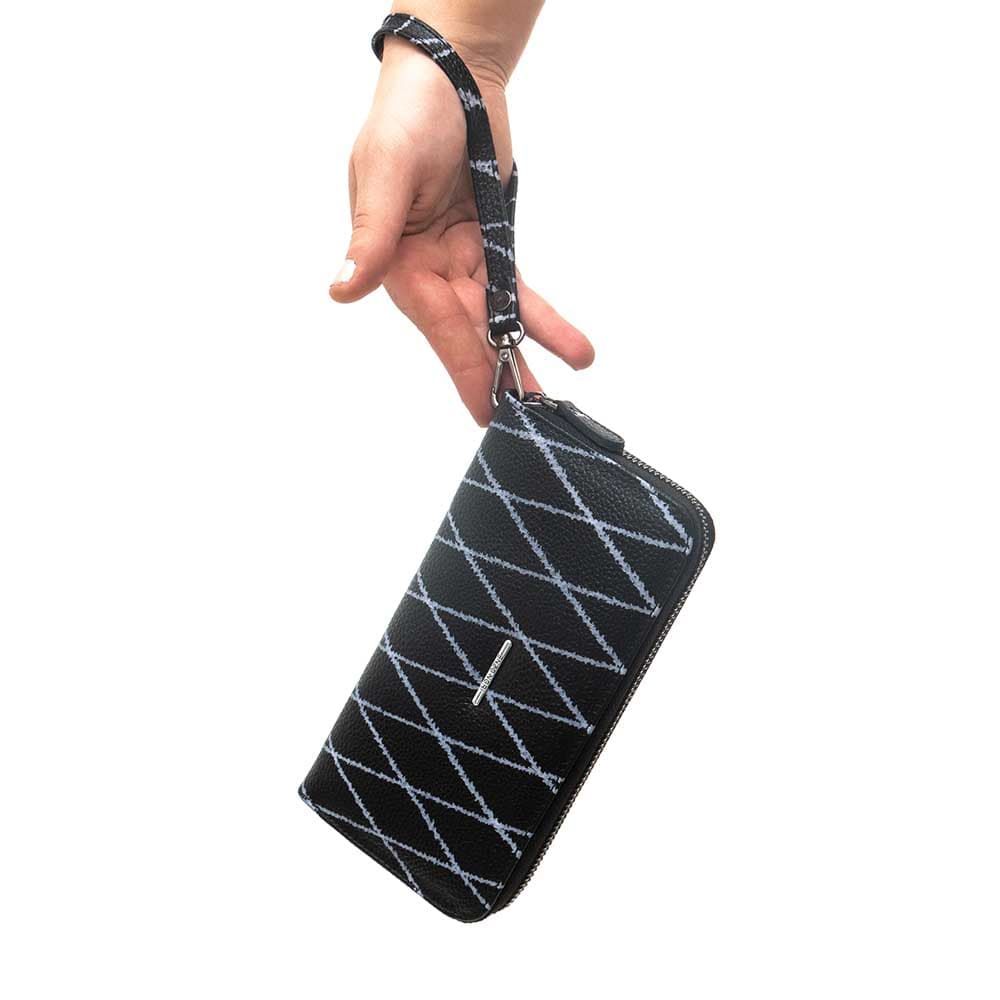 Голямо дамско портмоне с цип ENZO NORI модел GAIA от естествена кожа с дръжка за ръка цвят черен с бели черти