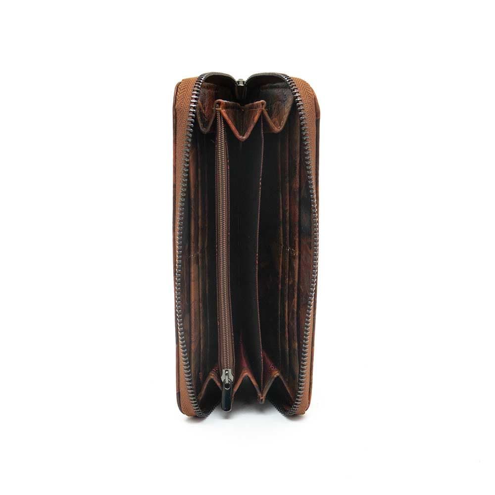 Голямо дамско портмоне с цип ENZO NORI модел GAIA от естествена кожа с дръжка за ръка цвят кафяв с листа лазер