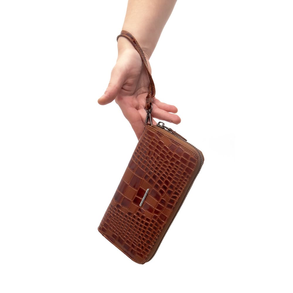 Изискано дамско портмоне с цип ENZO NORI модел GAIA от естествена кожа цвят кафяв кроко
