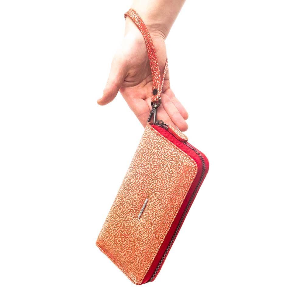 Голямо дамско портмоне с цип ENZO NORI модел GAIA от естествена кожа с дръжка за ръка цвят оранжев златен лазер