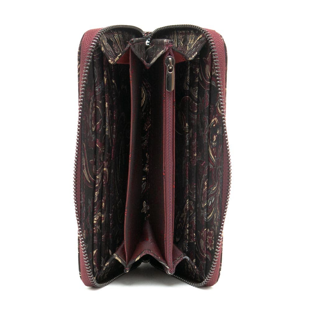 Красиво голямо дамско портмоне с цип ENZO NORI модел GAIA от естествена кожа цвят черен с цветя