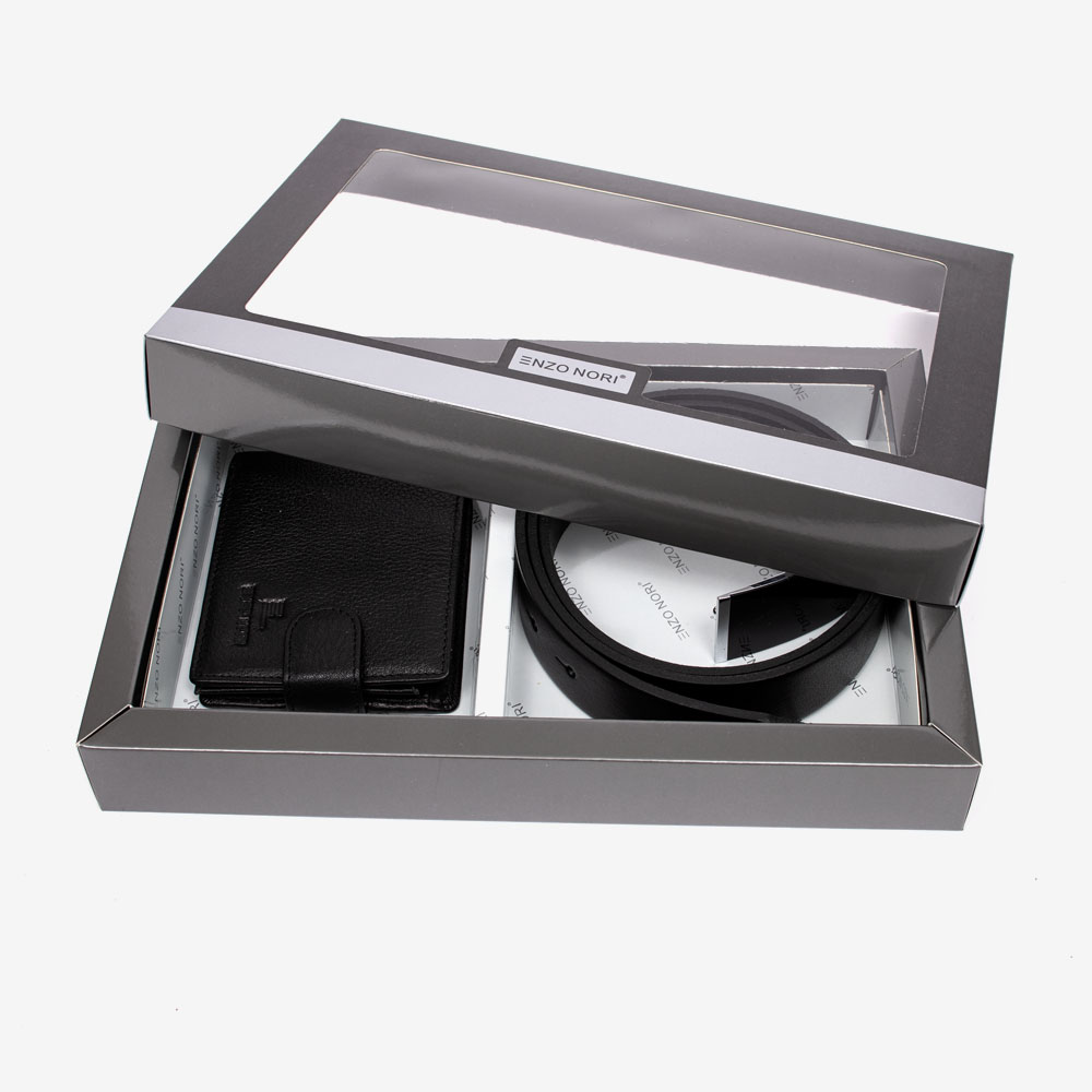 Подаръчен сет модел FONTI мъжки портфейл и мъжки колан ENZO NORI черен
