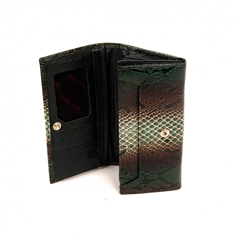 Дамско портмоне ENZO NORI модел CLASSIQUE естествена кожа черен-бежов змийски лак