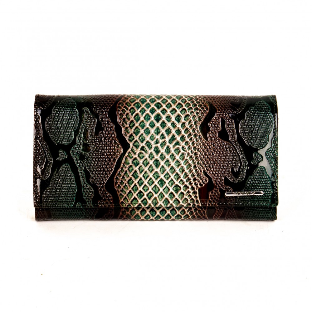 Дамско портмоне ENZO NORI модел CLASSIQUE естествена кожа черен-бежов змийски лак