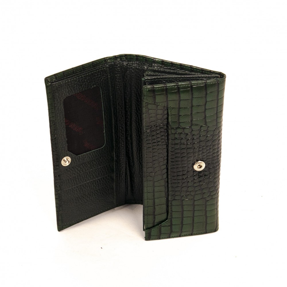 Дамско портмоне от естествена кожа с три отделения за банкноти ENZO NORI модел CLASSIQUE цвят зелен лак
